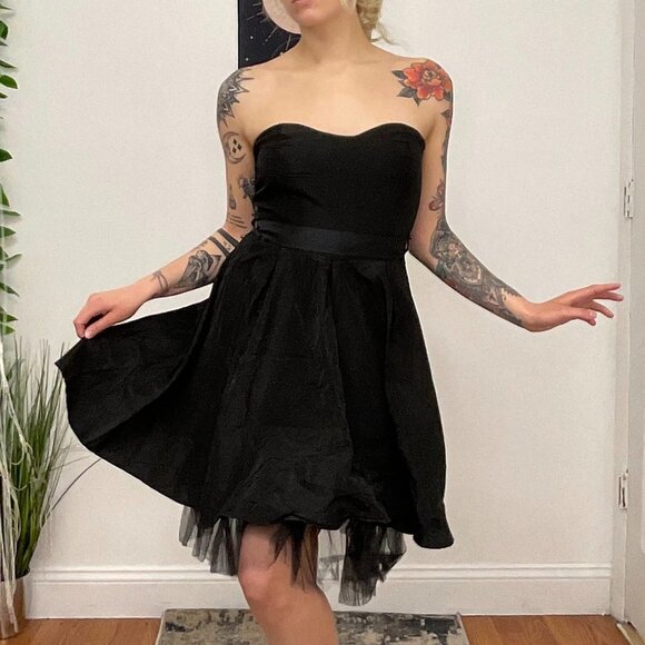 Y2K Vintage Strapless Mini Dress Sweetheart Neck Tie-Waist Size L Black - Picture 8 of 16